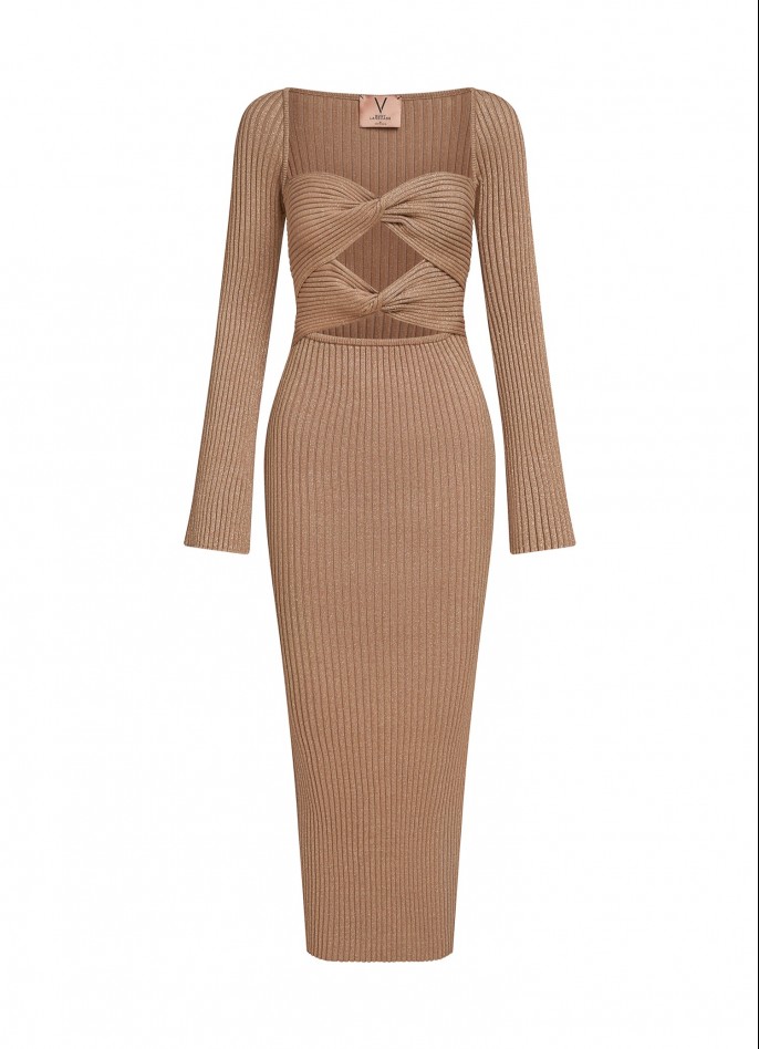 RIBBED KNIT LONG-SLEEVE TWIST MIDI DRESS - GOLD